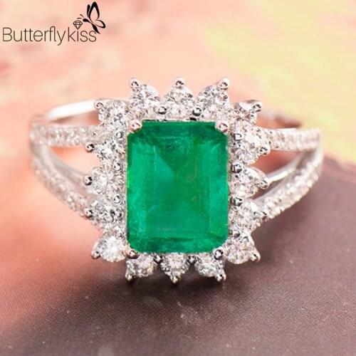BK 18k Genuine Gold Rings For Women Natural Emerald Gemstone Side Moissanite 3.9g Rectangle Lady Wedding Engagement Jewelry