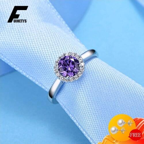 Trendy Rings 925 Sterling Silver Jewelry Round Amethyst Zircon Gemstone Open Finger Ring Ornaments for Women Wedding Party Gift