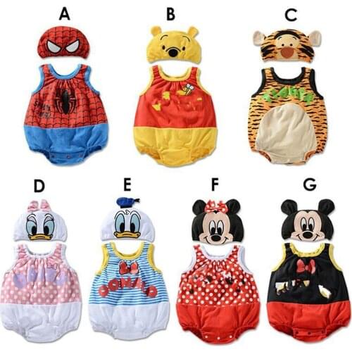 Lovely Infant Newborn Baby Boy Girl Costume Summer Cool Triangle Rompers with Hat 7 Color Tiger Bear Cartoon Anime Clothing