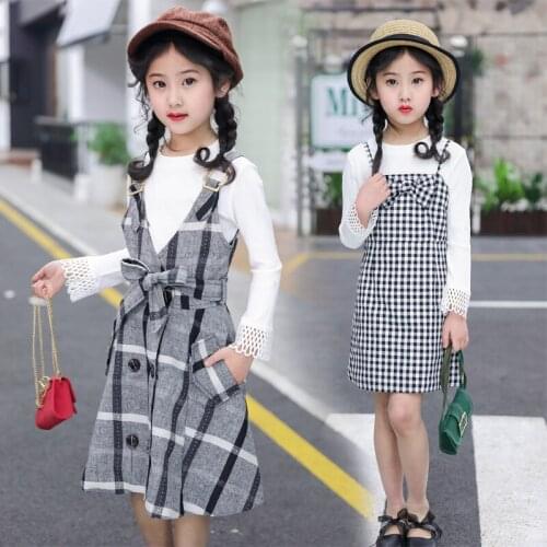 Teenage Girls Fashion Clothes Set 2018 Autumn Long Sleeve Sweatshirt + Plaid Overall Skirt 2pcs School Toddler Girl Clothing 12