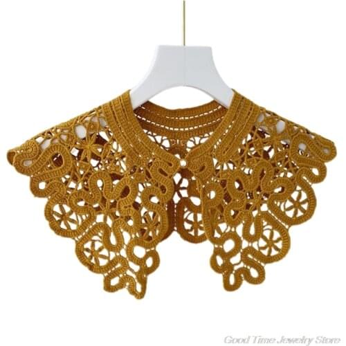 Korean Hollow Out Knit Fake Collar Shawl Faux Pearl Button Scarf Necklace Solid Color Floral Lace Lapel Blouse Mini Cape M24 21