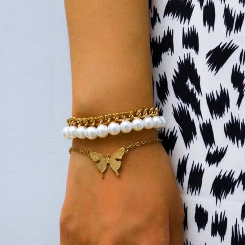 Creative Jewelry Simple Imitation Pearl Bracelet Alloy Butterfly Bracelet for Women Charm Bracelet