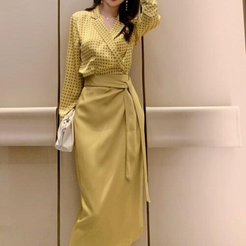 Fashion 2 Piece Set for Women Clothing 2020 Autumn Winter Elegant Blouse and Empire Bandage Skirt Ladies Streetwear 2 Piece Set