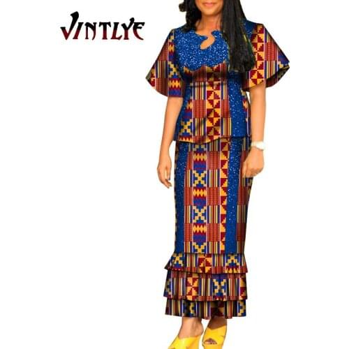 New African Dashiki Bazin Riche Draped Tops and Skirt Sets for Women 2 Piece Sets Office Vestido Skirts Sets Clothing WY6180