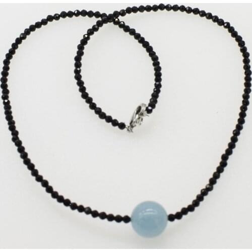 Black spinel faceetd 3mm round and aquamarine 12mm necklace 16.5inch nature wholesale FPPJ