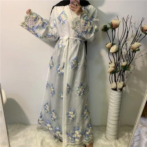 Eid Mubarak Elegant Cardigan Muslin Dress Women Flower Embroidery Dubai Abaya Turkey Islam Modest Clothing Loose Kaftan Moroccan
