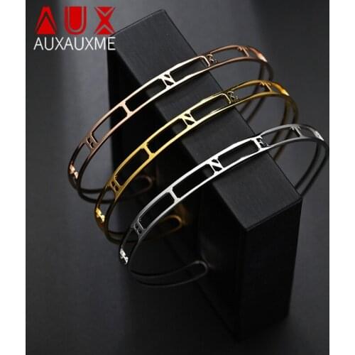 Auxauxme 6mm Adjustable Stainless Steel Customized Letter Bangles For Women Female Girlfriend Birthday Party High Quality Gifts
