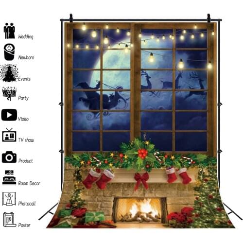Christmas Winter Backdrop For Photo Festivals Rural Eve Santa Clause Moon Fireplace Flower Wreath Window Child Photo Backgrounds