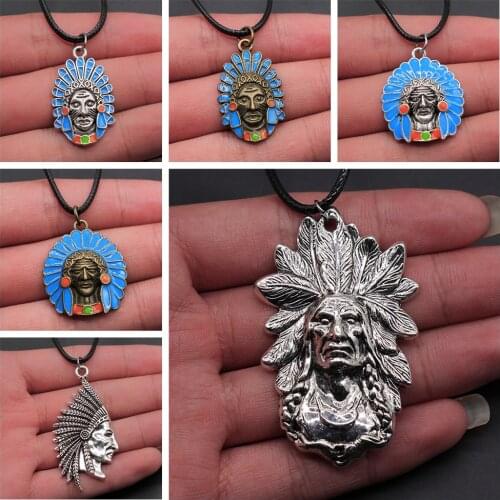 Vintage Tribal Indian Chief Head Pendant Necklace Black Leather Chain Necklace Punk Accessories Mens Necklace