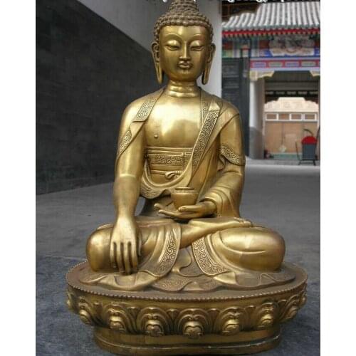 Collectible bronze lion statue S0572 18"Tibet Buddhism Fane brass Copper Amitabha Sakyamuni buddha with bowl statue
