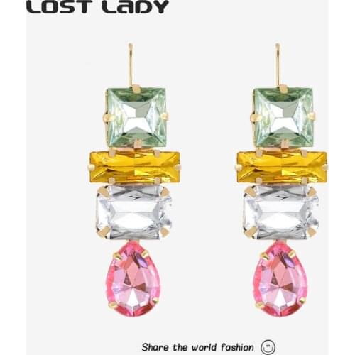 Lost Lady Luxury Crystal Long Hanging Drop Earrings Shiny Statement Geometric Earrings for Women Exaggerated Party Jewelry