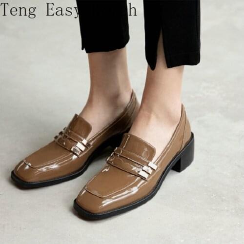 2021 New Genuine Natural Leather Square Toe Chunky Med Heels Netural Slip-on Womans Loafers Luxury Womens Pumps Shoes