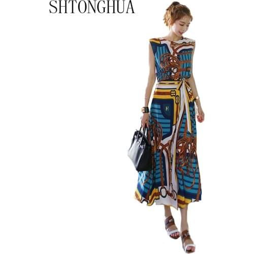 SHTONGHUA 2019 New Spring Autumn Womens Sleeveless Runway Print Shirt + Long Skirts 2 piece Female bow tie Skirt Suits