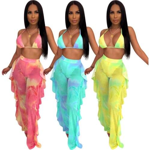 BKLD Sexy See Through Mesh 2 Two Piece Set 2019 Women Fashion Party Ruffles Pants+Sleeveless Crop Tops Sets Summer Beach Outfits