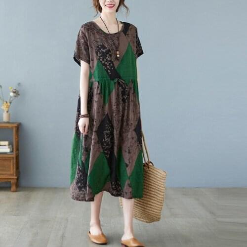 Women Summer Loose Casual Dress New Arrival 2021 Vintage Style Floral Print Cotton Linen Female A-line Long Dresses B404