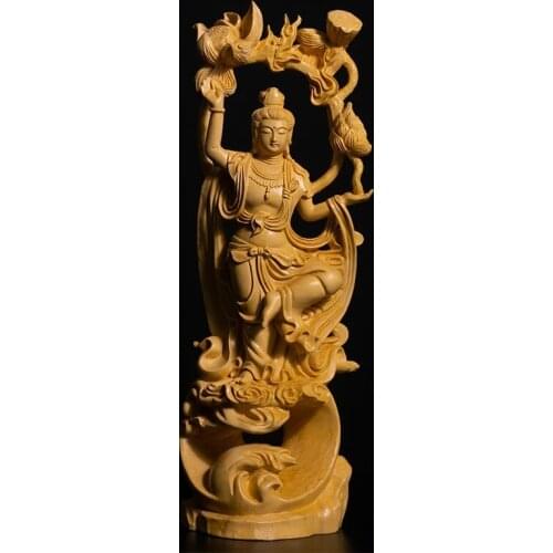 26CM Guanyin Bodhisattva Sculpture Feng Shui Boxwood Buddha Statue Wood Statue Worship Figure Home Decor