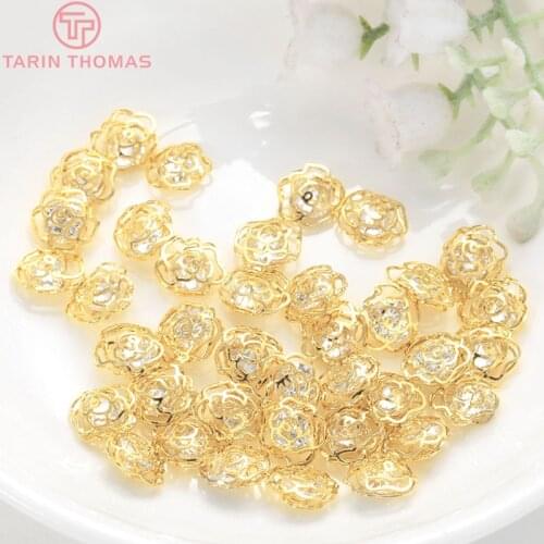 6PCS 8x7.5MM Hole 0.5MM 24K Gold Color Plated Brass with Zircon Flower Charms Pendants High Quality Diy Jewelry Accessories