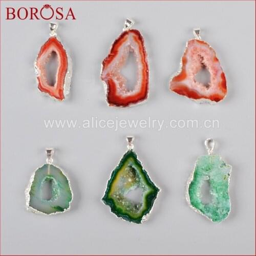 BOROSA Silver Color Freeform Red Green Natural Raw Rainbow Druzy Crystal Quartz Geode Slice Beads Pendants Jewelry SS011