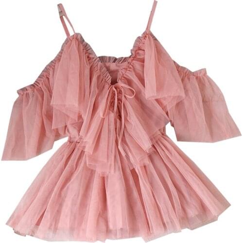 Lace Up Chiffon Blouses Mesh Pleated Gauze Off Shoulders Tops Blusas Fairy Net Yarn V-neck Strapless Lotus Swing Ruffles Shirts