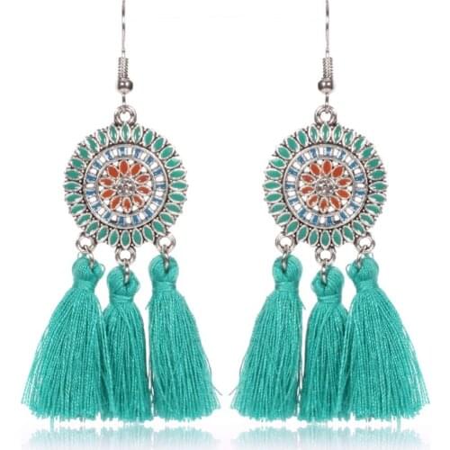 HC Vintage Bohemian Handmade Cotton Tassel Earrings Women Round Flower Enamel Ethnic Fringe Long Earrings Party Jewelry Bijoux F