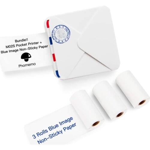 Phomemo M02S Pocket Thermal Printer-Bluetooth Photo Printer with 3 Rolls Blue on White Sticker Paper Compatible with iOS+Android