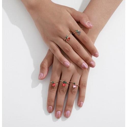 5Pcs/Set Crystal Apple Strawberry Cherry Grape Ring Women Fashion Sweet Fruit Gold Romantic Rings Girl Party Lover Gift