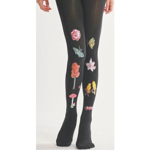 Flower Element Print Pantyhose Velvet 1200D Thickness Women Black Tight Cheap Stuff With Free Shipping tattoo-stockings