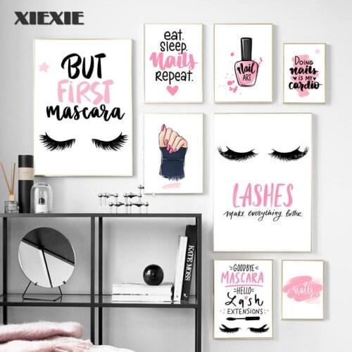 Nail Polish Print Posters Pink Love Heart Eyelash Canvas Painting Quotes Wall Art Print Modern Pictures for Beauty Salon Decor