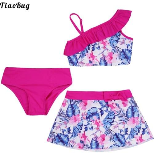 TiaoBug Summer 3Pcs Kids Girls Swimwear Asymmetrical Shoulder Strap Ruffle Trim Floral Print Crop Tops With Skirt And Briefs Set