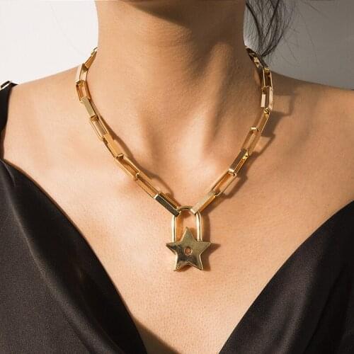 Punk Exaggerated Thick Chains Star Lock Pendant Necklace for Women Vintage Geometric Necklace Pendants Jewelry Kolye