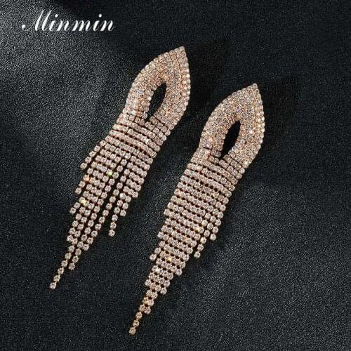 Minmin Gold Silver Color Geometric Long Drop Tassel Earrings for Women Luxury Rhinestone Wedding Bridal Earrings Jewelry MEH1637