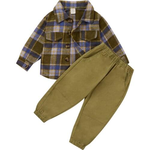 2021 0-4Y Casual Kids Baby Boy Clothes Set Gentleman Plaid Print Pockets Long Sleeve Shirt+Green Pants Fall Toddler 2pcs Outfits