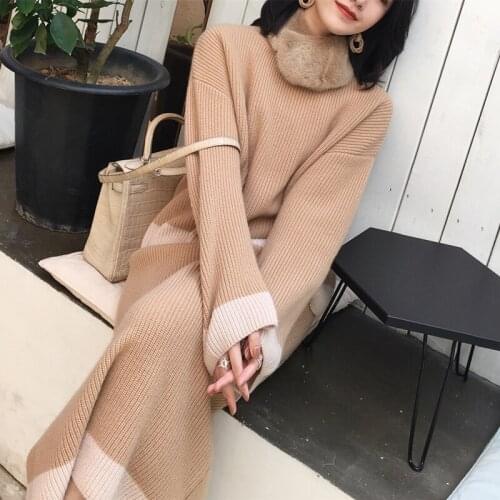 Ms Winte New Knitted Womans Suits Thick Loose Sweater + Pencil Skirts Sets for Woman Casual Ladies Two-pieces Suit Quality