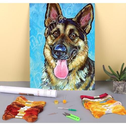 Animal German Shepherd Printed Water-Soluble Canvas 11CT Cross-Stitch Set Embroidery DMC Threads Sewing Painting Counted