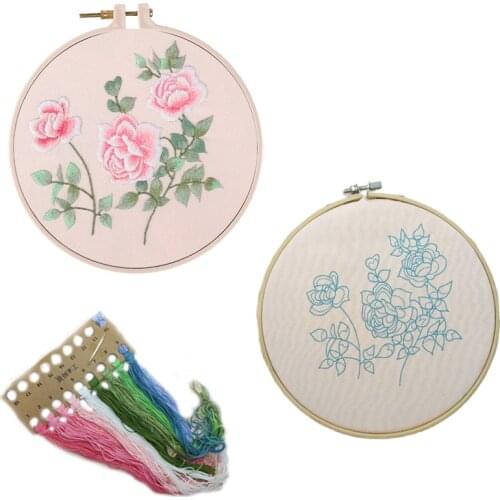 Chinese DIY Flower Embroidery Kit Pattern Printed Cross Stitch Bamboo Hoop Needlework Sewing Art Craft Painting Home Decor