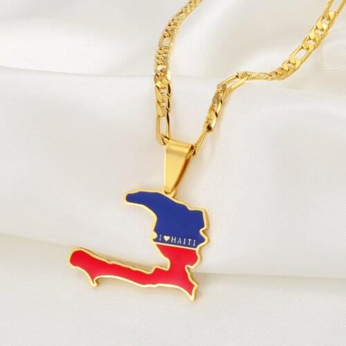 Anniyo Haiti Map Pendant Figaro Necklaces I LOVE HAITI Ayiti Gold Color Jewelry Haytian Gift #202621P