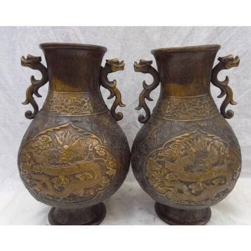 Song voge gem S3013 12" Chinese Bronze Gilt Wealth Dragon Head Unicorn Statue Flower Vase Pot Pair