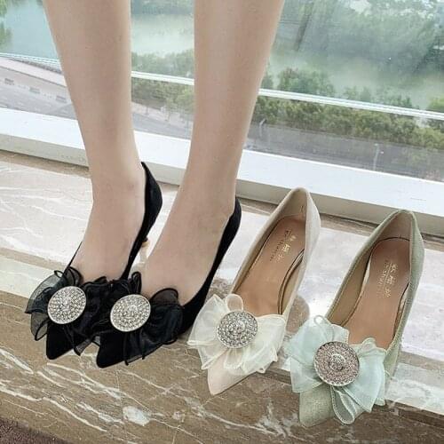 Spring Autumn Sexy High Heels Dress Shoes Bow Crystal Boat Shoes 2020 New Designer Ladies Shoes Thin Heel zapatos mujer 8730G