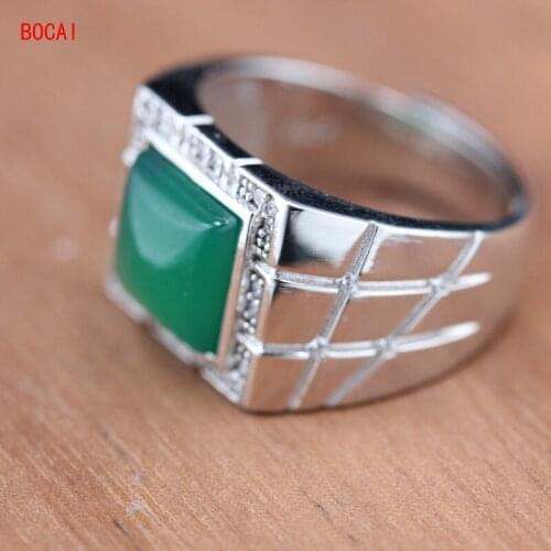 Real 925 sterling silver traditional exquisite green chalcedony inlaid silver live mouth ring