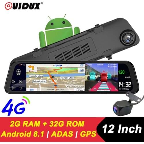 QUIDUX 12" 4G Touch Screen Car Dash Camera Recorder Rearview DVR Mirror 1080P Android 8.1 Wifi GPS Navigation Mirror Video Cam