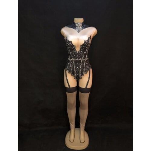 Women Sexy Stage Bodysuit & Yarn Skirt Sparkling Crystals Jumpsuit Nightclub Birthday Wedding Party Wear Dancer Singer Costumes