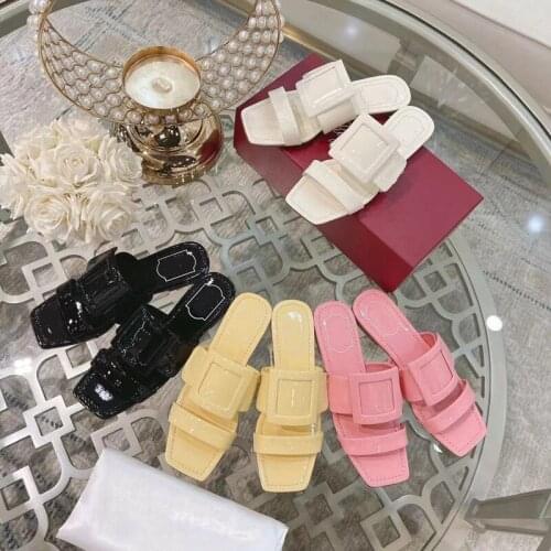 Patent Slides Women Buckle Decor Flats Mules Candy Colors Shoes Summer New Slippers Ladies Shoe Luxury Brand Designer Woman Shoe