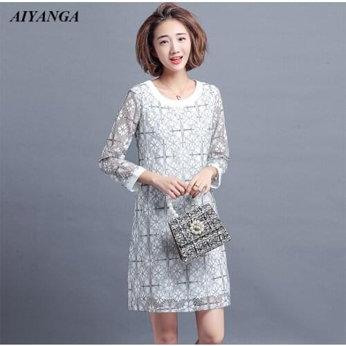 XL 2XL 3XL 4XL 5XL Lace Dress Women Spring Womens Dresses New Arrival 2019 Three Quarter O Neck Elegant Loose Dress White Black