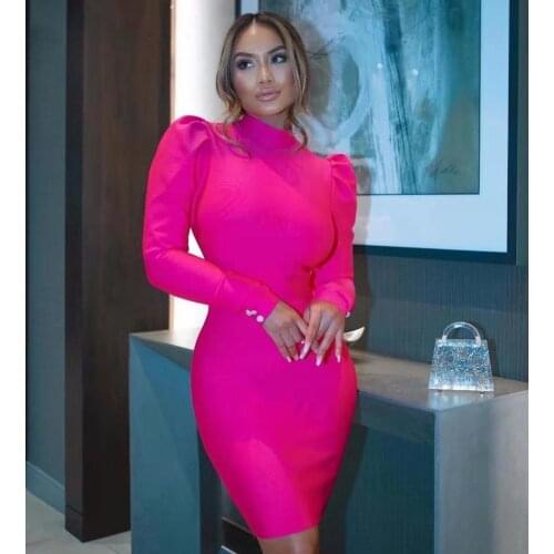 2021 New Summer Women pink high neck long sleeve Bandage Dresses Bodycon Sexy Evening Dress Vestidos wholesale dropship