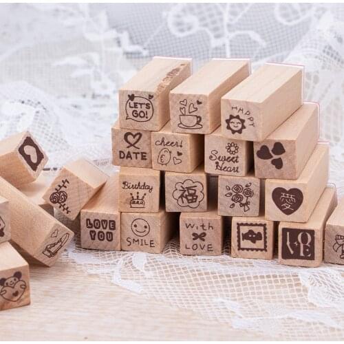 25Pcs Korean Style Mini Wooden Stamps Kit Cute Cartoon Pattern Wooden Stamp Set Journal Card Diary Scrapbooking Stamps Seal