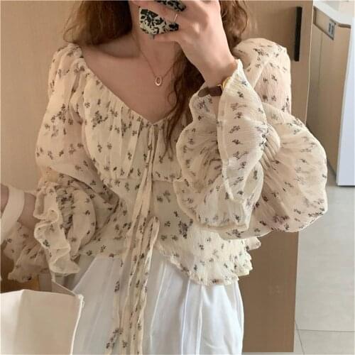 Alien Kitty Florals Chiffon Sunscreen Blouses Printing Ruffles Chic Elegant Loose Sweet 2021 Casual Autumn New Girls Women Tops