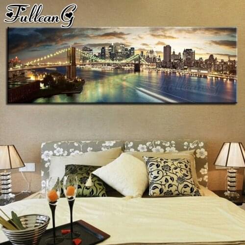 FULLCANG Bridge city landscape diy 5d full square round diamond embroidery sale large mosaic painting home decoration FC2904