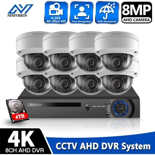 NINIVISION Video Surveillance Kit 8MP HD Outdoor CCTV System 8CH 4K DVR 8Pcs AHD Waterproof Camera Video Surveillance System Set
