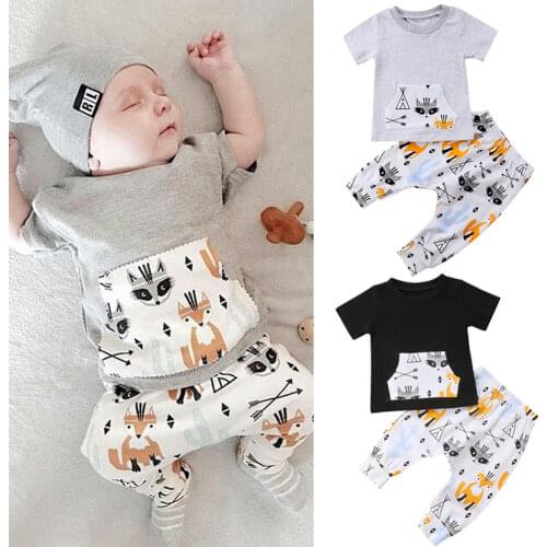 Newborn Infant Baby Boys Girls Summer Lovely Causal 2PCS Sets 2 Style Cartoon Print Short Sleeve Pocket T-Shirts Tops Pant 0-24M
