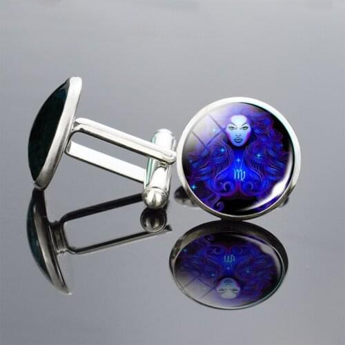 Fashion Men Lucury 12 Constellations Cufflinks Aries Leo Virgo Glass Cabochon Silver Plated Metal Cufflinks Wedding Jewelry